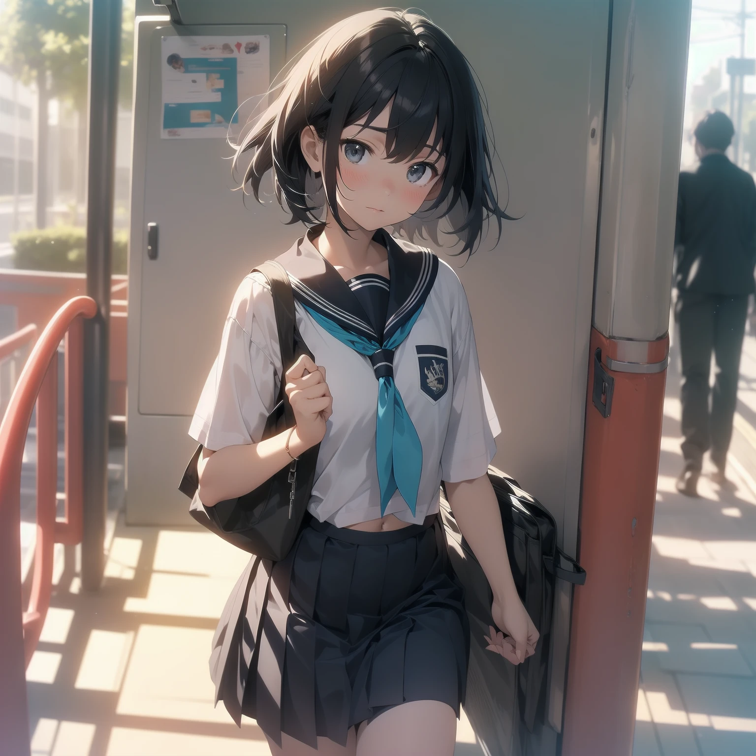 ultra-absurdres-Top quality by artist God, ultra-detailed, high resolution, anime moe artstyle, best anime 8k konachan wallpaper, pixiv contest winner, pool:2810, perfect anatomy,break, 1girl, (Please draw a girl walking sleepily to school alone. )break,(Solo,little female, 13-year-old:1.3),Full limbs, complete fingers,a junior high school student, (very short hair), short cut, flat chest, , small butt, small black eyes, beautiful detailed eyes, well-proportioned iris and pupils, expressive eyes, highres detailed hair, soft expression, salor school_uniform, sailor collar, serahuku, bow, pleated skirt,(Detailed Lighting), (Detailed background), in the School commute route. break,super detailed skin, Best cinematic lighting powered by famous artist, 8k,beauty illustration,photoshop_(medium),very aesthetic,break,((artist:neocoill )), artist:clamp ,artist:carnelian ,artist:kantoku ,