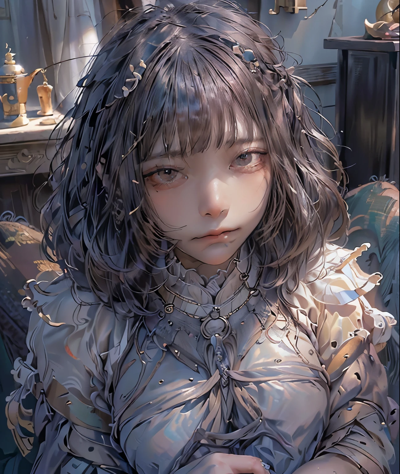 (highest quality、4k、8k、High resolution、masterpiece:1.2)、Super detailed、(Real、Photorealistic、Photorealistic:1.37)、girl、Beautifully detailed eyes、Super dense eyeoist eyes、Delicate skin、Beautifully detailed lips、Highly detailed eyes and face、Cute underwear。Wizard's Room。Turning backwards and sticking out her buttocks