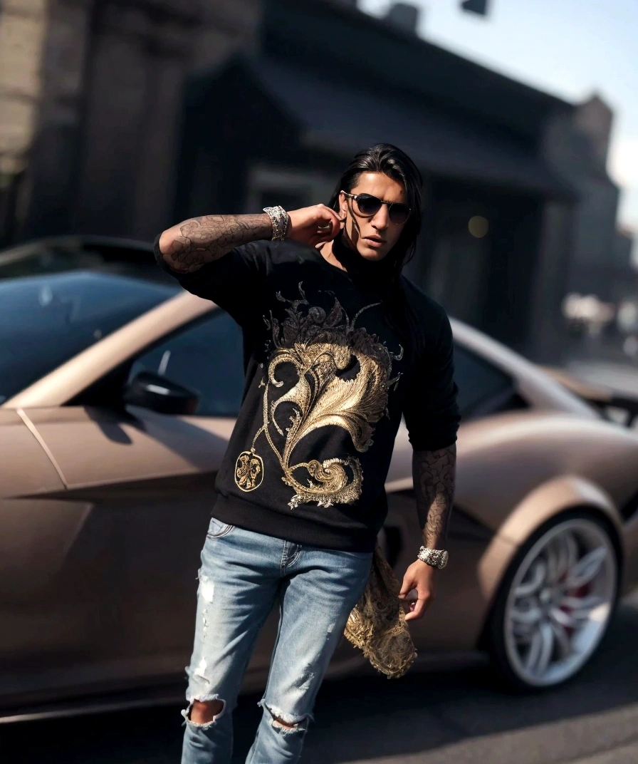 a highly detailed and realistic photograph of a cartoon character, photorealistic, 8k resolution, extremely detailed facial features, beautiful eyes, realistic skin texture, detailed clothing, intricate background, dramatic lighting, cinematic composition tanned skin male standing in front of sports car