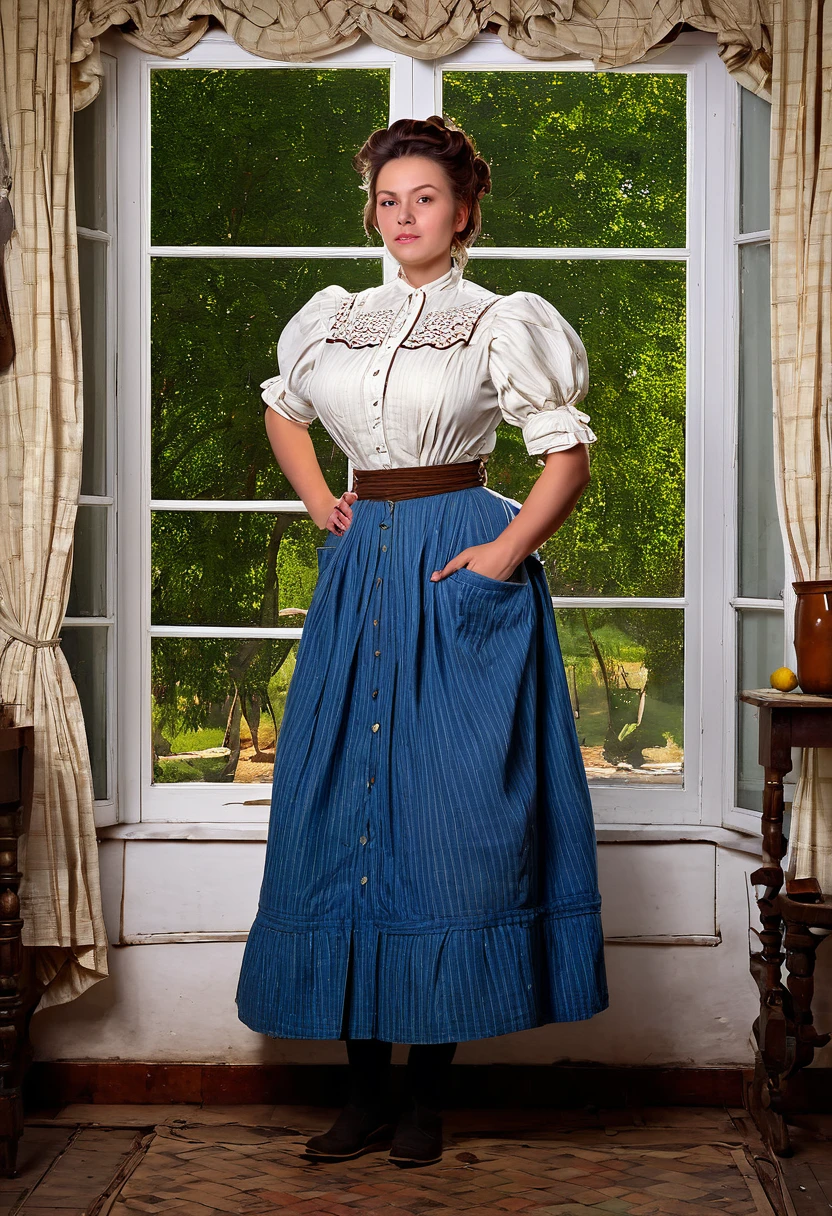 Full body shot of A voluptuous buxom pretty 1880 western frontier farmwife standing in front of a window in her kitchen, updo hairstyle , brown hair, by Jean Béraud, inspired by Jean Béraud, inspired by Édouard Detaille, edouard leon cortes, inspired by Ivan Kramskoi, inspired by Jean-Louis-Ernest Meissonier, by Édouard Detaille, inspired by Paul Émile Chabas