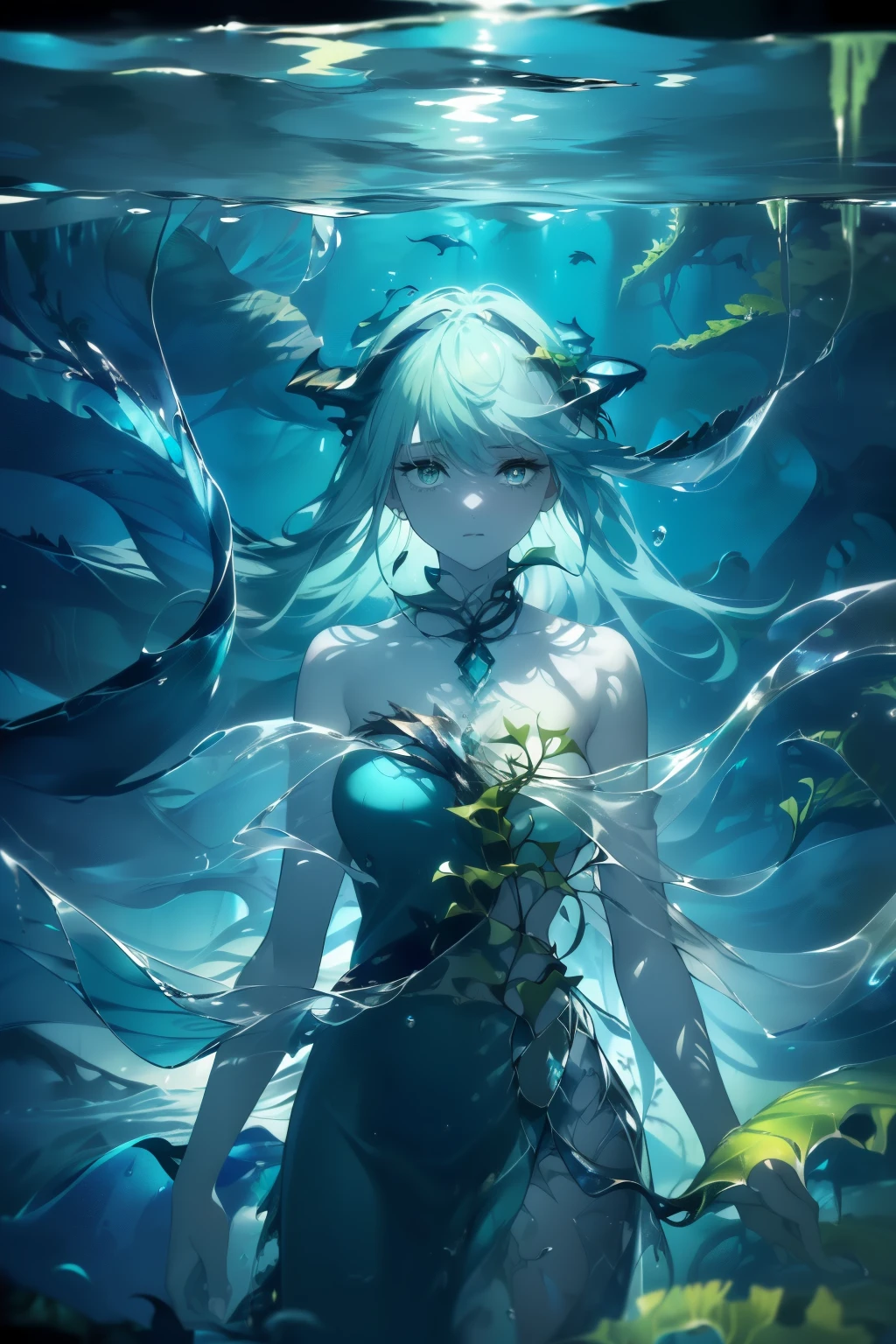A gentle soul, harboring the power of the waters. She can be found drifting along the coastlines, her song echoing across the tides.
Prompt: ((((Ethereal, blue-green hair flowing in the sea breeze)), (Transparent Aquascend aura), (Curls of seaweed wrapped around her body), (Fairy-like, flowing dress made of aquatic plants (Seaweed and Kelp)), (Facial features: calm, serenity, soft lips, innocent eyes (blue-green irises with highlights of aqua)), (Eyes looking down, as if watching fish swim by), (Hands holding a small, shiny shell)), (Submerged in water, with seaweed and kelp flowing around her)), seaweed-covered rocks, sea grasses, and schools of fish swimming by)