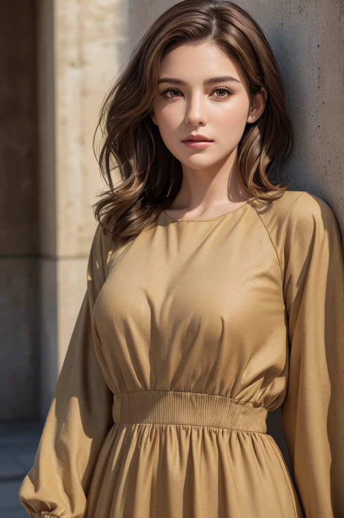 (masterpiece:1.3), (8k, Realistic, RAW Photos, highest quality: 1.4), (One Girl), Beautiful Face, (Realistic Face), (Brown Hair, Short hair with loose waves:1.3), Beautiful Hairstyles, Realistic eyes, Beautiful details, (Realistic Skin,Landscape,Look away,Looking Up,Brush your hair up), Beautiful Skin, (Nice dress,Big size,Black Dress,Long sleeve), Absurd, charm, Ultra-high resolution, Ultra-realistic, Very detailed, Golden Ratio,Concrete wall,