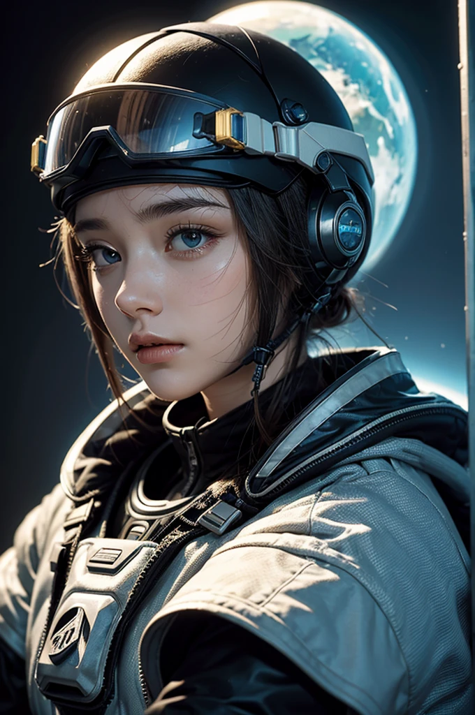 This is an illustration of a young woman with an evocative gawearing a futuristic, sci-fi inspired outfit that resembles a space suit or pilot's gear, complete with a helmet and goggles resting on her forehead. The details on the suit suggest wear and use, with text and logos indicating a fictional universe, possibly hinting at space exploration themes or competitive piloting. Her wistful expression