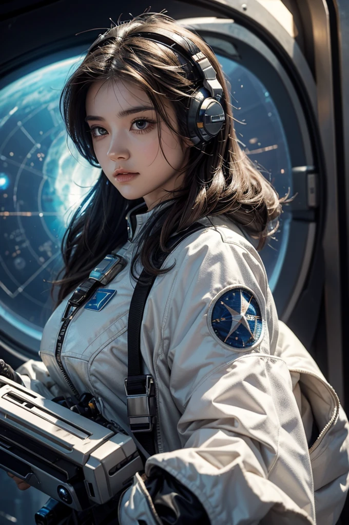 This is an illustration of a young woman with an evocative gawearing a futuristic, sci-fi inspired outfit that resembles a space suit or pilot's gear, complete with a helmet and goggles resting on her forehead. The details on the suit suggest wear and use, with text and logos indicating a fictional universe, possibly hinting at space exploration themes or competitive piloting. Her wistful expression