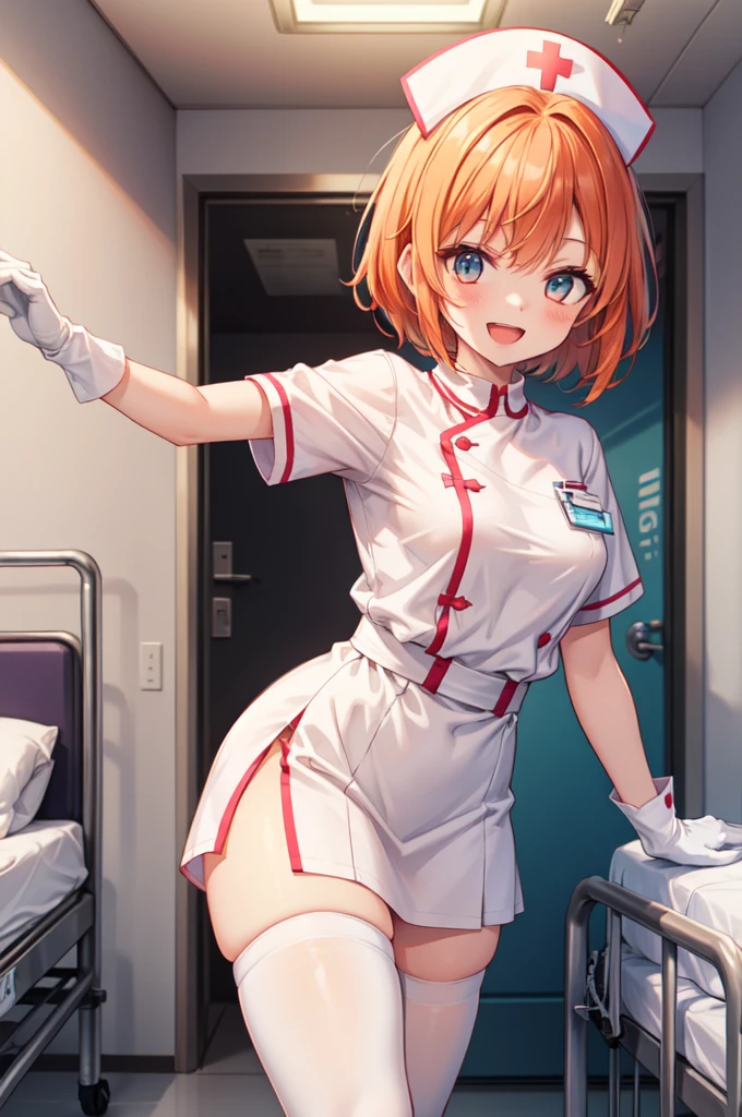 1girl, solo, nurse, nurse cap, white nurse uniform, ((white legwear, zettai ryouiki)), white gloves, very short hair, orange hair, smile, open mouth, standing, ((hospital room)), sharp outline, short sleeves, tomboy, boyish, best quality, masterpiece