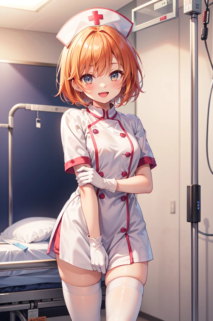 1girl, solo, nurse, nurse cap, white nurse uniform, ((white legwear, zettai ryouiki)), white gloves, very short hair, orange hair, smile, open mouth, standing, ((hospital room)), sharp outline, short sleeves, tomboy, boyish, best quality, masterpiece