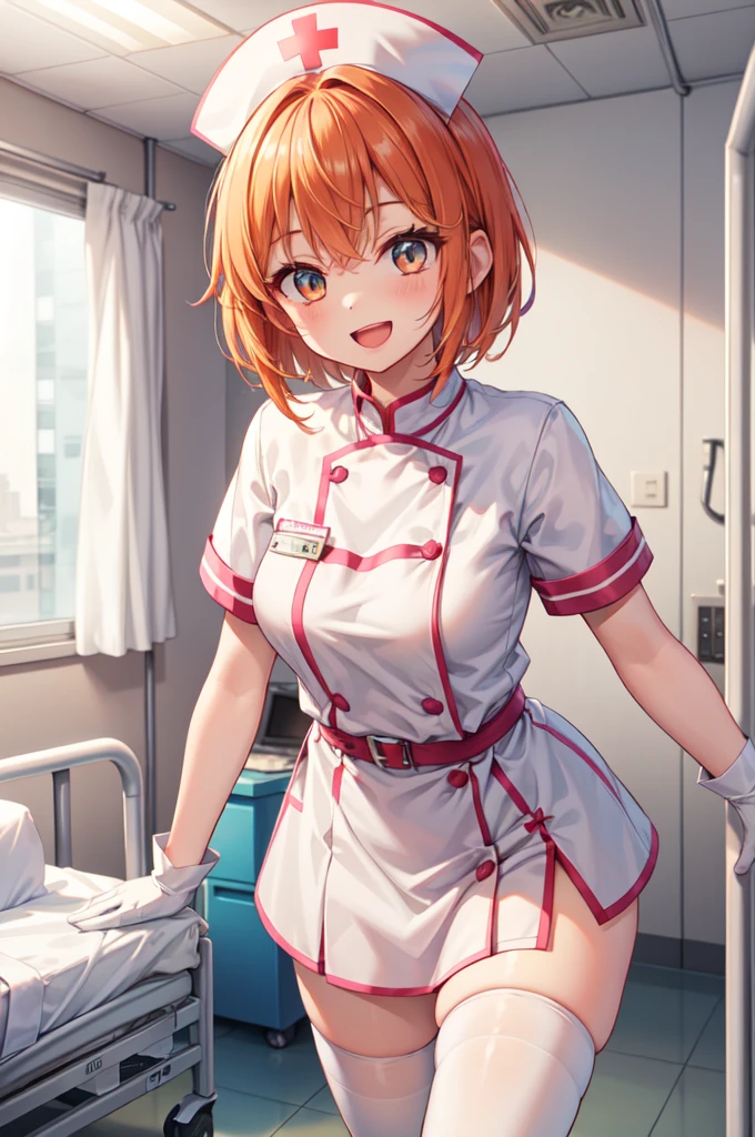 1girl, solo, nurse, nurse cap, white nurse uniform, ((white legwear, zettai ryouiki)), white gloves, very short hair, orange hair, smile, open mouth, standing, ((hospital room)), sharp outline, short sleeves, tomboy, boyish, best quality, masterpiece