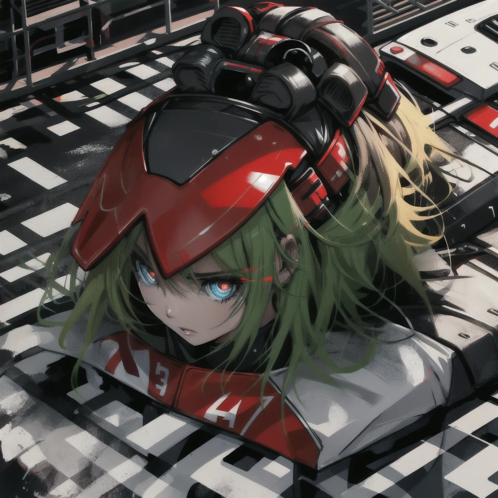 Anime european girl, full body shoot, car racing suit, flaming eye, eye red trail, cyberpunk, ultra detailed, hdr, detailed face