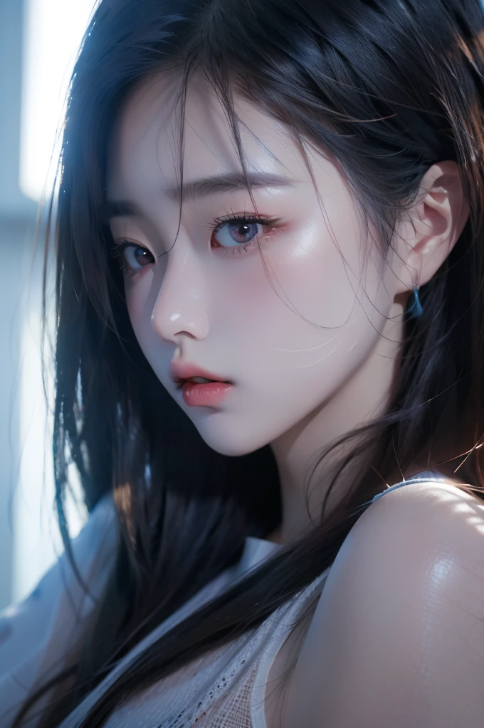 (Running style), draw a light on blue, Face of kpop girl, (masterpiece:1.1),nothing,4k,Extremely exquisite and beautiful art,Pastel colors,Japanese cartoons,Beautiful and delicate eyes,1 Japanese cartoons girl, Dark fluorescent style, Rose red and blue, Light bronze and indigo, planographic printing, Exceed, High contrast,Blink and miss the details, unique perspective,
