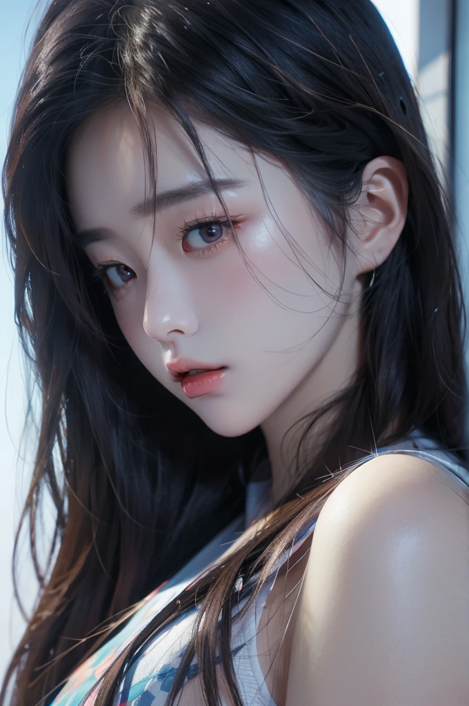 (Running style), draw a light on blue, Face of kpop girl, (masterpiece:1.1),nothing,4k,Extremely exquisite and beautiful art,Pastel colors,Japanese cartoons,Beautiful and delicate eyes,1 Japanese cartoons girl, Dark fluorescent style, Rose red and blue, Light bronze and indigo, planographic printing, Exceed, High contrast,Blink and miss the details, unique perspective,