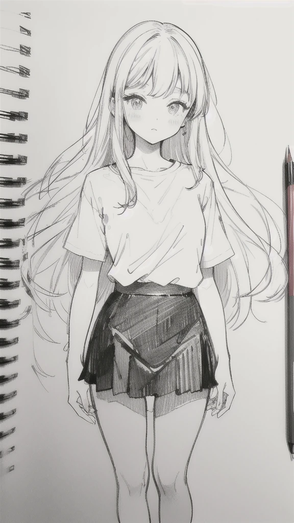 One Girl,Line art,Monochrome,sketch,Pencil drawing,Traditional Media,One Girl, 黒いskirtフェンス, Long Hair Shirt, Short sleeve, skirt, alone、Cute Teenage Girls, ,Beautiful portrait、Delicate body、Line art,Monochrome,sketch,Pencil drawing,Traditional Media,One Girl, black skirt fence, Long Hair Shirt, Short sleeves, skirt, alone、Are standing, (Cute Teenage Girl, alone),Beautiful portrait、Delicate body、Full Body Lesbian、Respect、