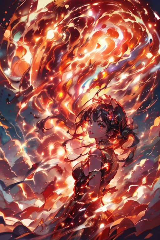 1girl,solo,cute,wizard,robe,cleavage,hold a fireball,red fireball on each hands,around fire aura,perfect hands,perfect finger,explosionmagic,glowing aura