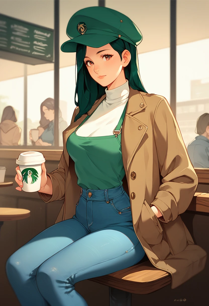 1 girl, alone, coffee shop, green hair, hat, coat, jeans, sitting on a chair, dynamic poses, In the building,