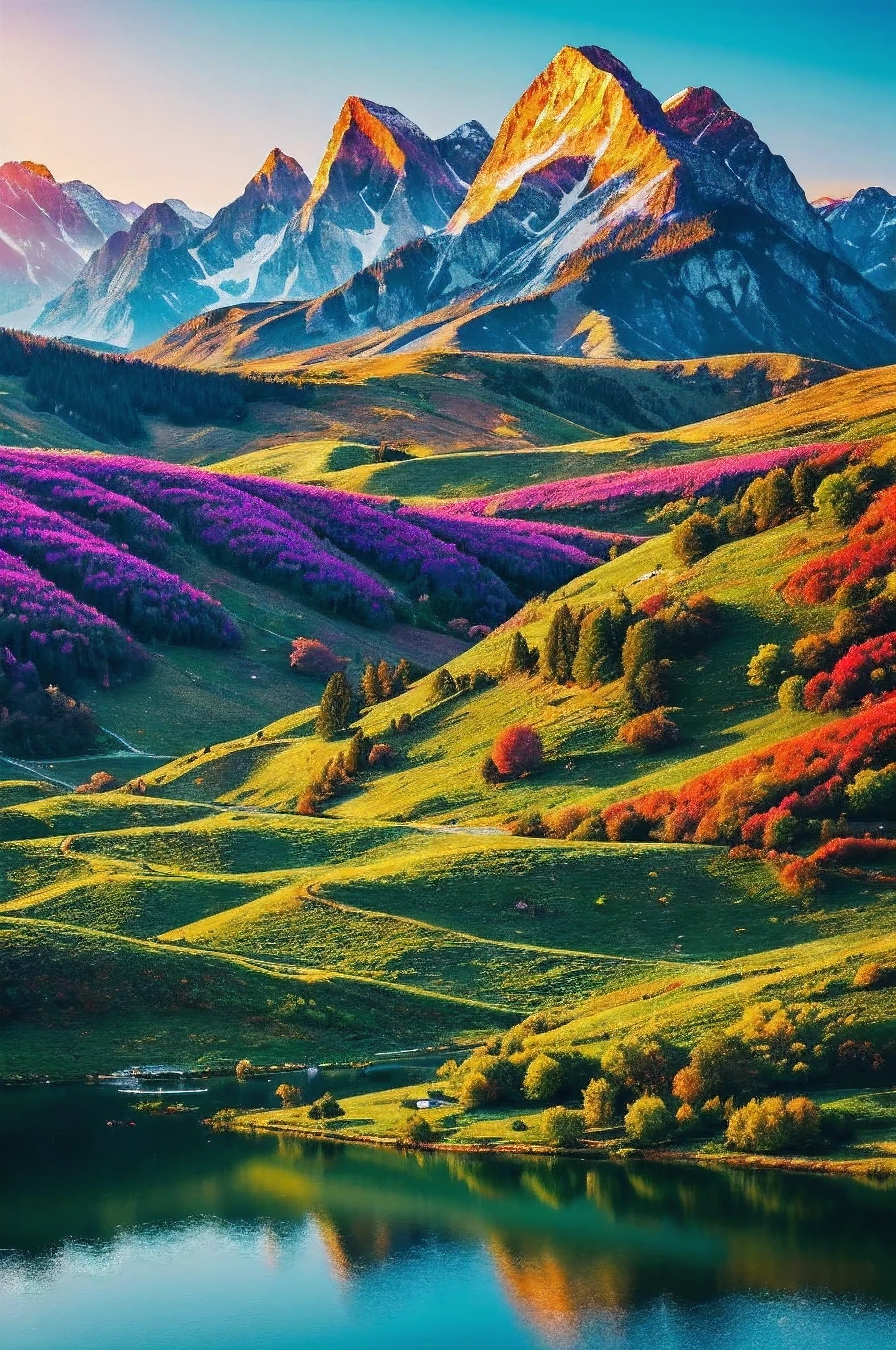 masterpiece, best quality, ultra-detailed, vivid colours, landscape trippy