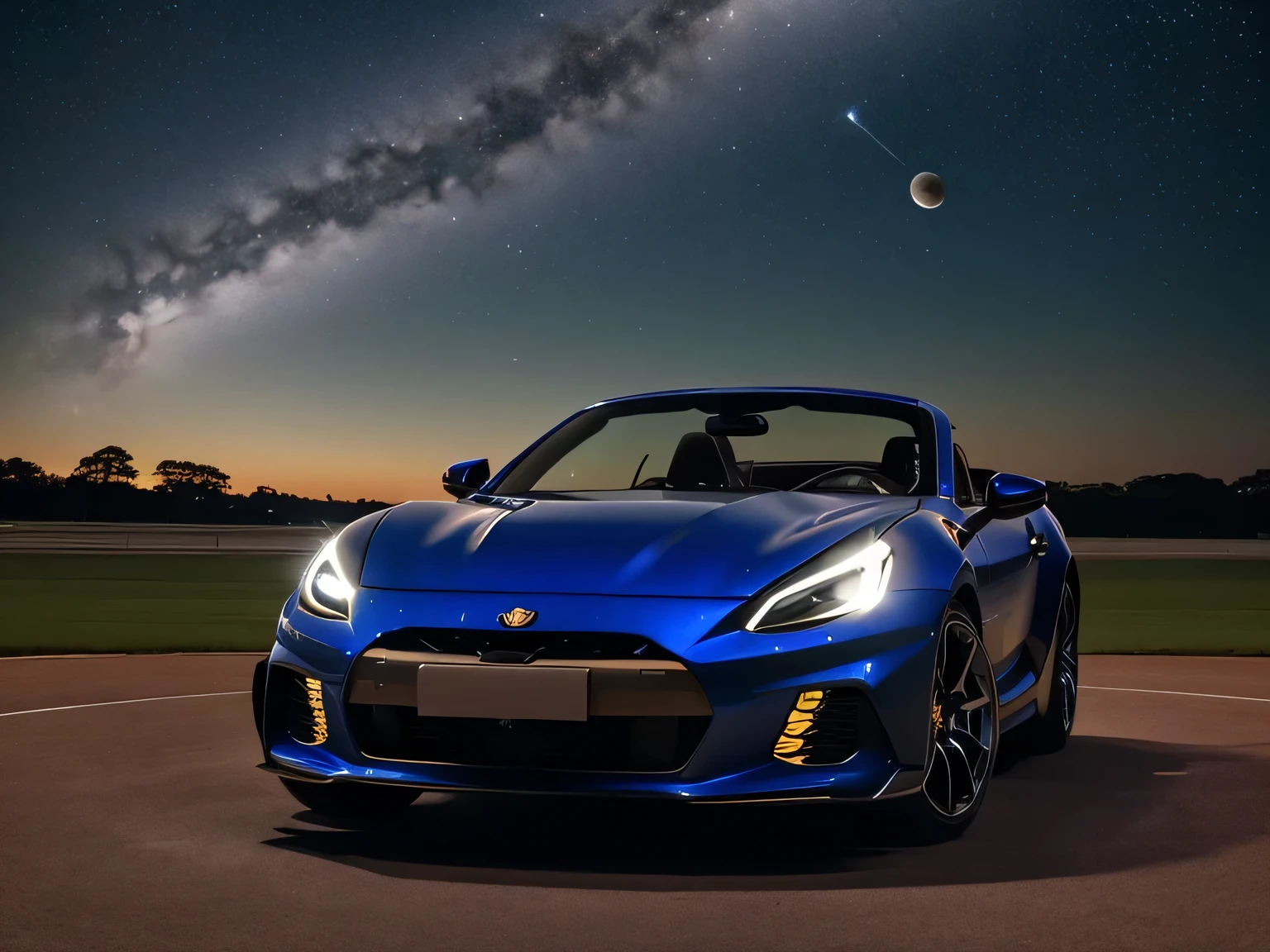 A sports car bathed in the ethereal glow of a star-filled night sky. The Milky Way arches across the background as shooting stars streak through the sky. The car, gleaming blue and gold, sits on a rain-slicked racetrack, its sharp lines reflecting the celestial lights above.