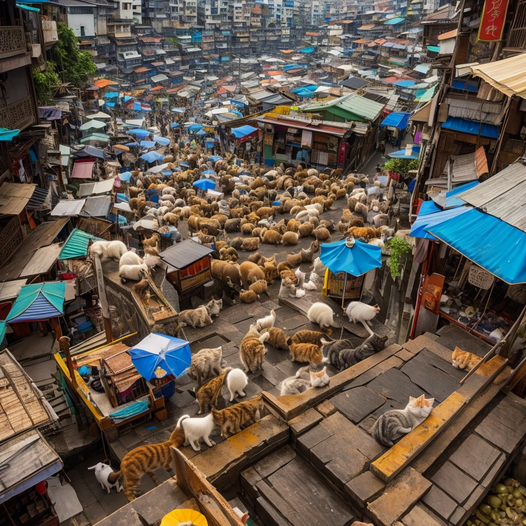 Jiufen,Lots of cats,Without humans,Nostalgic atmosphere,Vibrant colors,View from above,highest quality,high resolution,distinct,fine