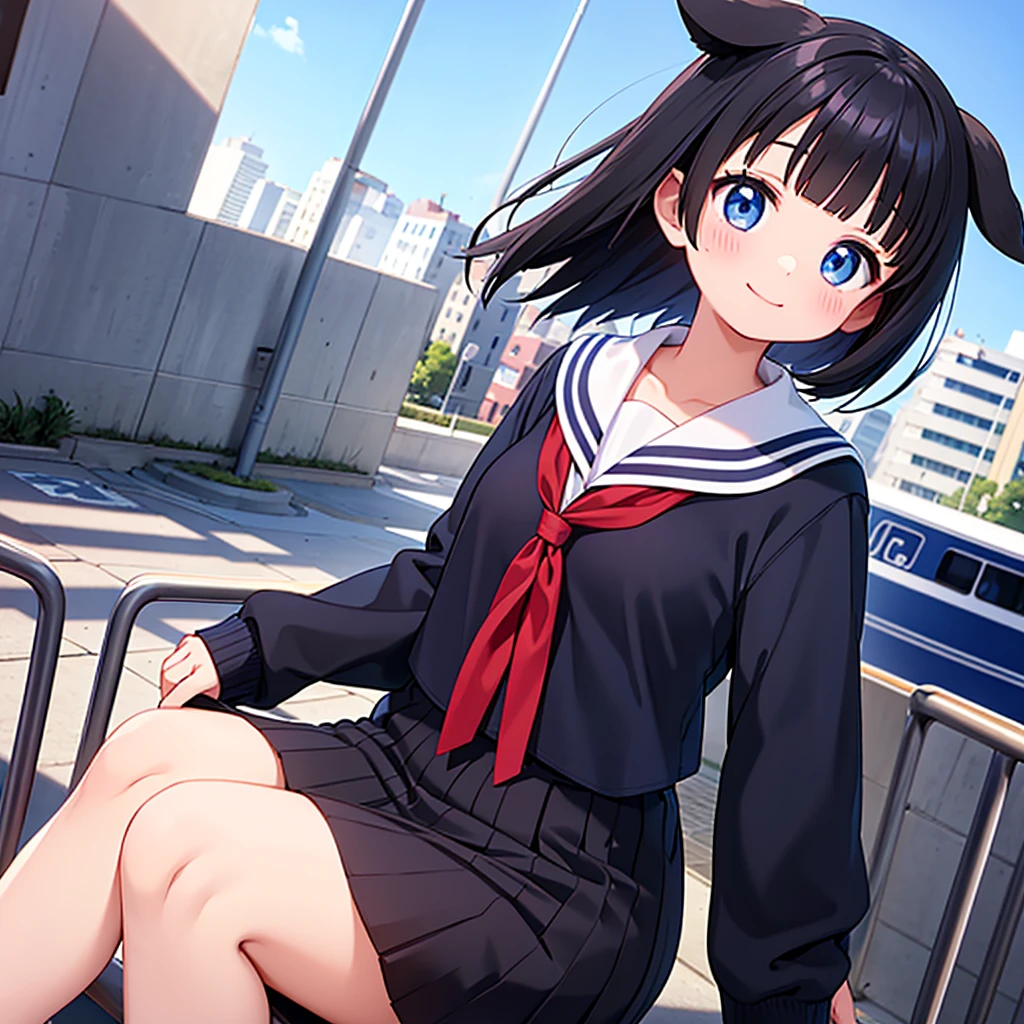 Short black hair Adult female Dog Ears Dark blue colored eyes A student wearing a navy blue sailor uniform with a red ribbon In the city Smiling, chest up