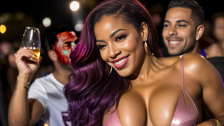 (Obra de arte, 8K, mais alta qualidade, ultra detalhado:1.37) Imagem A mesma Cabelo: Liso e solto, metade roxo e metade preto.
jovem em um ambiente de festa, cercada por amigos e admiradores. She's at the center of attention, com um sorriso confiante. She holds a glass of drink and appears to be having fun without any worries. The men around her are clearly interested in her, with expressions of fascination and adoration. The atmosphere is lively, with flashing lights and loud music(Nyla), 35 anos de idade, (a details model with botox on her lips and sexy purple hair ), (com tatuagens espalhado pelo corpo : 1.4), medium and ass, Fotografia sincera, suado, olhar elegante, textura detalhada da pele, (: 1.2), fotorrealista, surpreendente ,high resolution, obra de arte, perfect lighting, florescer, cinematic lighting, adulto, Pele perfeita, female, tiro de vaqueiro, sorriso, cintura estreita, magrelo, ), gargantilha, olhos detalhados, brown eyes pink lips, ((Glossy lips)), pursed lips, bombas rosa, Pele brilhante, pele oleosa, Linda luz, (dia:1.3), brilhante,