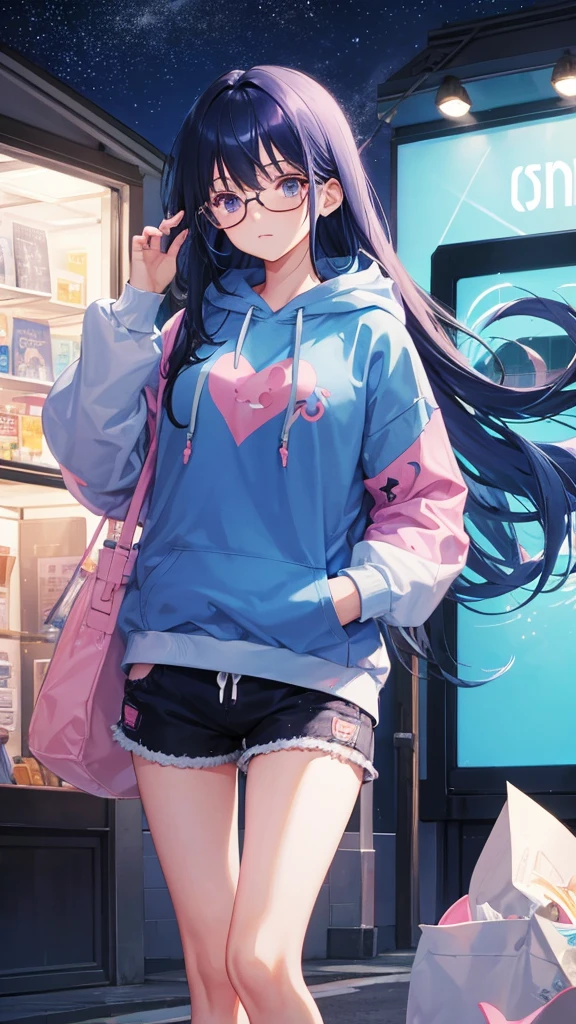 Blue Hair Straight Hair Long Hair Pink Eyes Glasses Starry Sky One girl hoodie Shorts
