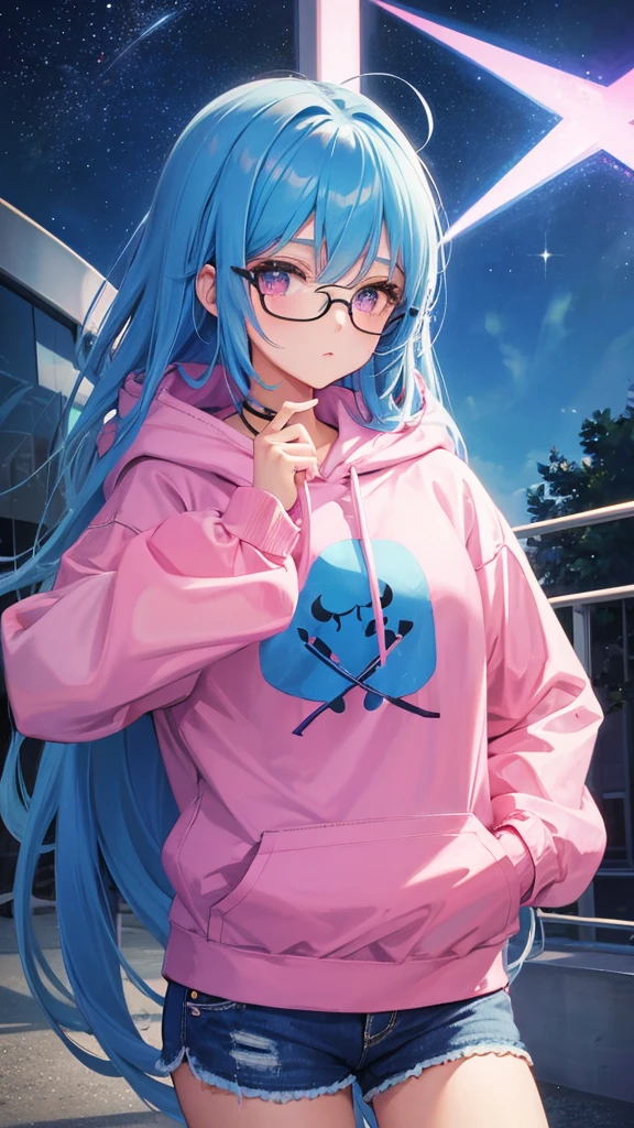 Blue Hair Straight Hair Long Hair Pink Eyes Glasses Starry Sky One girl hoodie Shorts