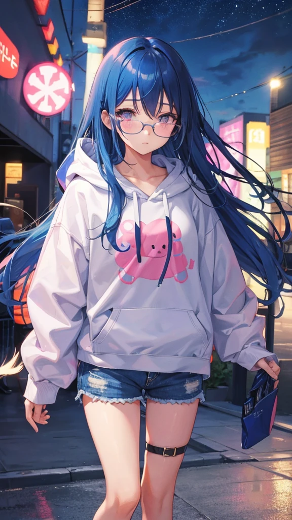 Blue Hair Straight Hair Long Hair Pink Eyes Glasses Starry Sky One girl hoodie Shorts
