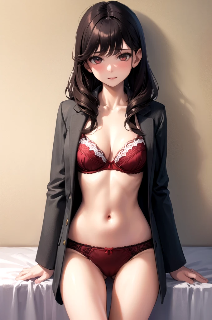 nsfw,((highest quality)), ((masterpiece)), (detailed), One girl, Red Bra, String Panties,Bedroom at home,(Removing the bra hook)