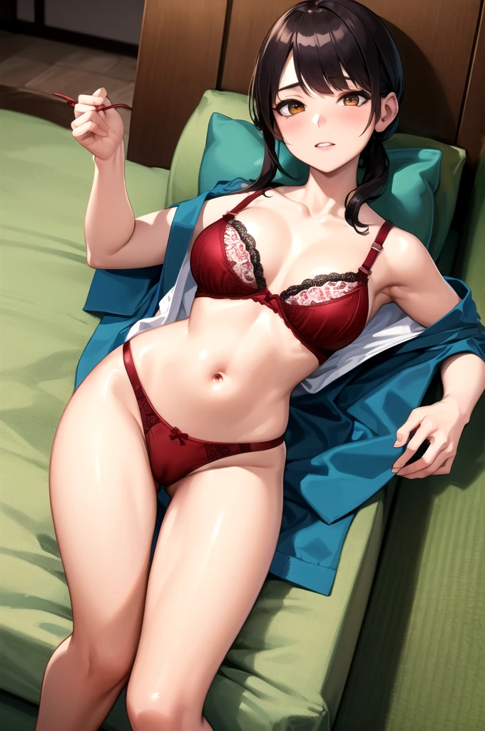 nsfw,((highest quality)), ((masterpiece)), (detailed), One girl, Red Bra, String Panties,Bedroom at home,(Removing the bra hook)