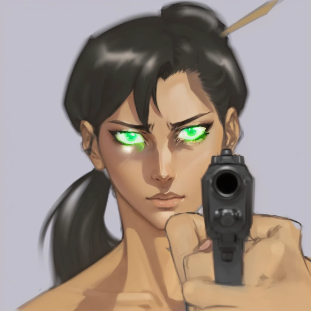 anime girl with green eyes holding a gun in her hand, aeon flux style, laser wip, sly expression, cel - shaded art style, cel shading, character art closeup