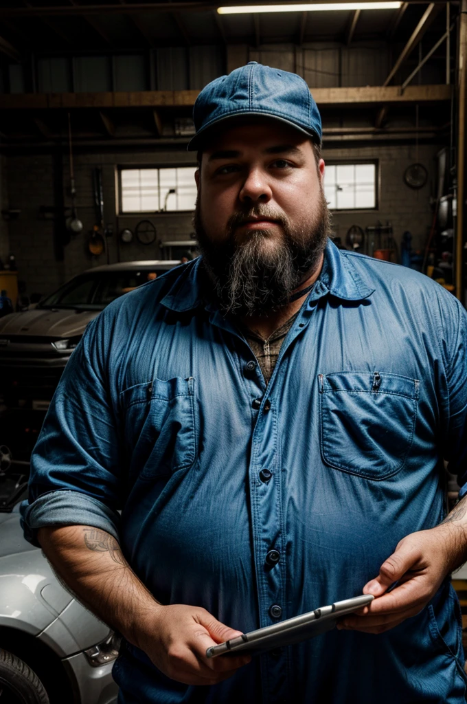 mechanic man, litle fat, with a short beard in a workshop, next to a car, using a tablet, very realistic, very detail, blue overall.