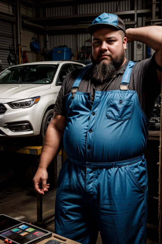 mechanic man, litle fat, with a short beard in a workshop, next to a car, using a tablet, very realistic, very detail, blue overall.