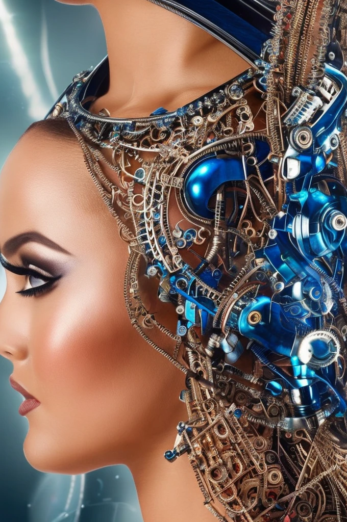 This is an artistic digital illustration portraying the bust of a female figure with cybernetic enhancements and an elaborate mechanical headdress. The figure's facial expression is passive yet intense, with striking red eyes and blue makeup accentuating her features against the contrasting cool metallic tones of the machinery. Rich in detail, the artwork blends organic and mechanical aesthetics, combining smooth human skin with intricate gears, wires, and dripping.