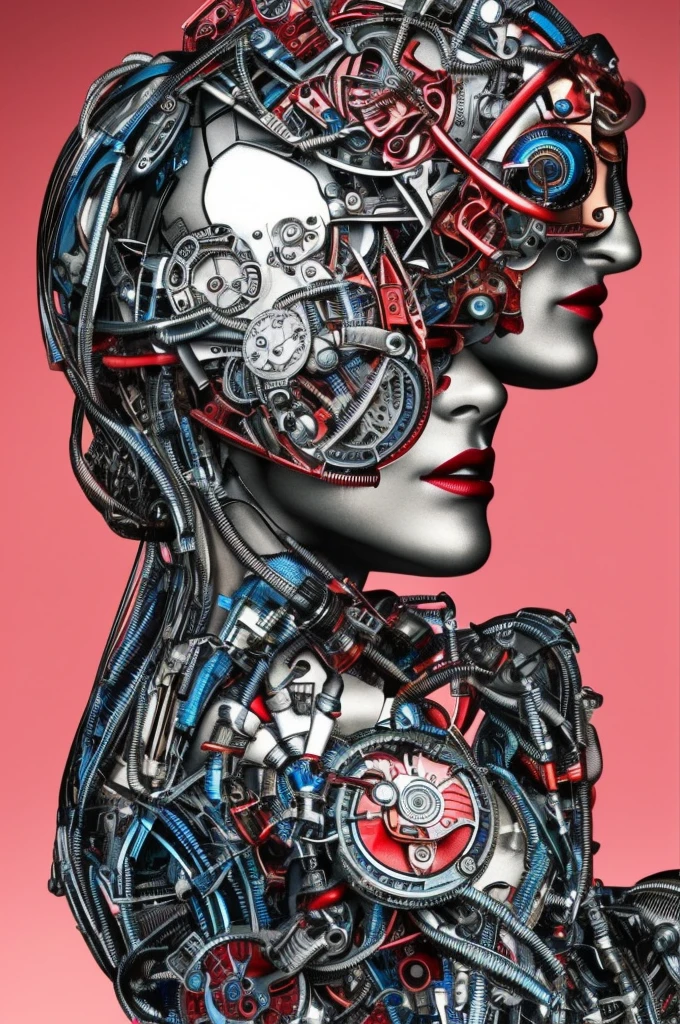 This is an artistic digital illustration portraying the bust of a female figure with cybernetic enhancements and an elaborate mechanical headdress. The figure's facial expression is passive yet intense, with striking red eyes and blue makeup accentuating her features against the contrasting cool metallic tones of the machinery. Rich in detail, the artwork blends organic and mechanical aesthetics, combining smooth human skin with intricate gears, wires, and dripping.