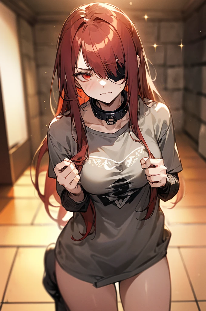 {masterpiece, distinct_image, extremely detailed CG, beautiful eyes and detailed face, 4k, 8k, high_resolution, perfect_finger, medieval style, (beautiful_detailed_eyes:1.3), glitter, no_light, dark_background{1boy, face_focus,full body, looking for_in_viewer, standing},{(shota,slave:1.3) (tattered_very_big_gray T-shirt, no pants, {thick_gray_metal_collar:1.6}, black_right_eyepatch:1.5), (red_hair, red_eyes, long_hair, hair_over_one_eye, one_eye_covered_with_hair, asymmetrical_bangs:1.4), (tired_face, glaring, breathing:1.3), (Middle_Ages_prison_indoor:1.3)}}