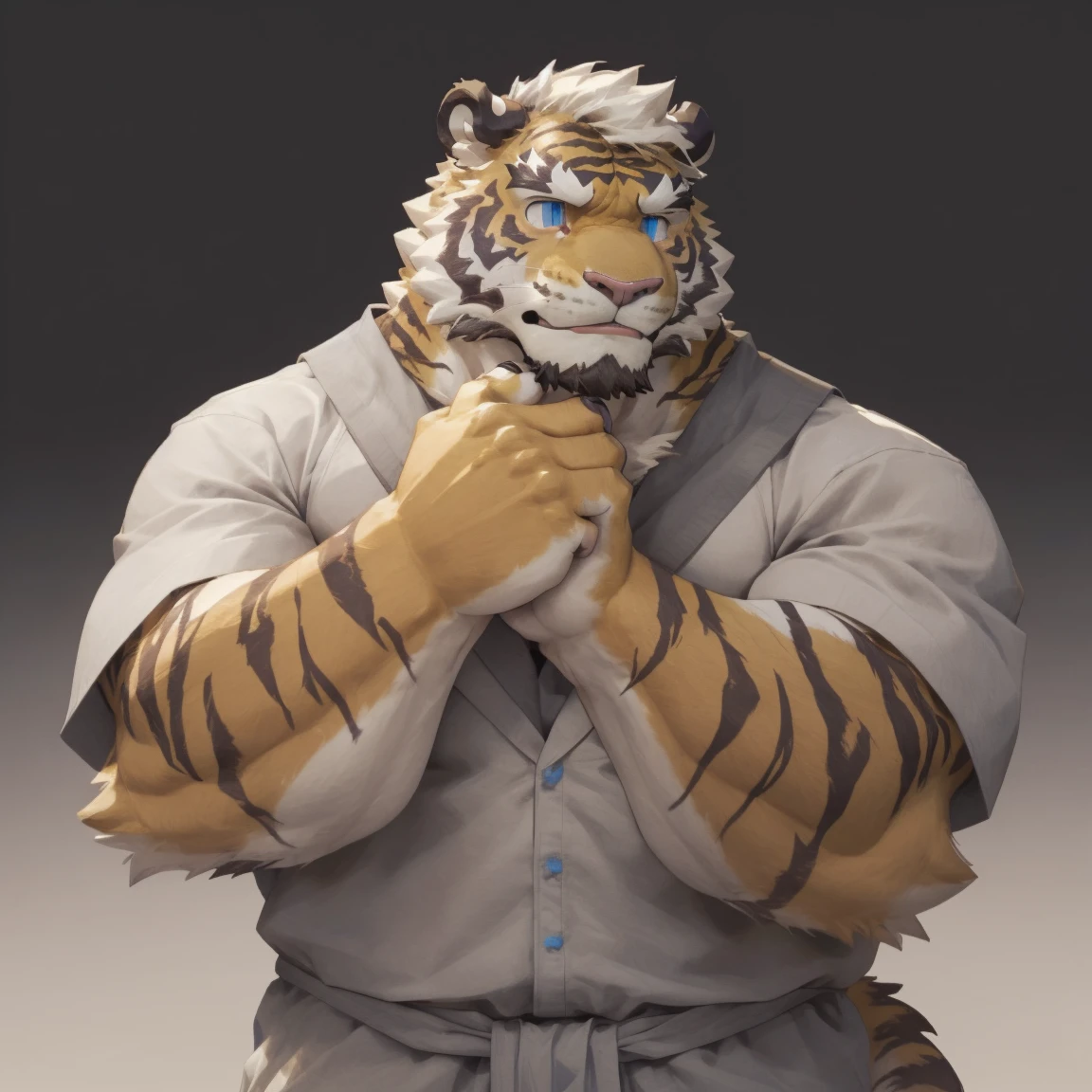 masterpiece, best quality, 8k resolution, Very detailed, hairy，tiger，((White short hair))，Strong body，((Middle-aged uncle))，(((Blue eyes)))，For the audience，portrait，(Highest quality scene)，(((Gray cloth)))，((Solitary))，Black trousers，whole body，((Touching his chin and thinking))，(Mature)，Rural background，((yellow fur))