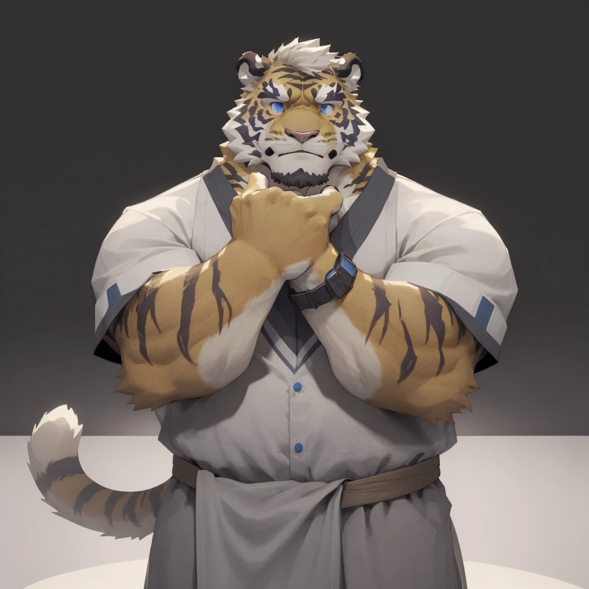 masterpiece, best quality, 8k resolution, Very detailed, hairy,tiger,((White short hair)),Strong body,((Middle-aged uncle)),(((Blue eyes))),For the audience,portrait,(Highest quality scene),(((Gray cloth))),((Solitary)),Black trousers,whole body,((Touching his chin and thinking)),(Mature),Rural background,((yellow fur))