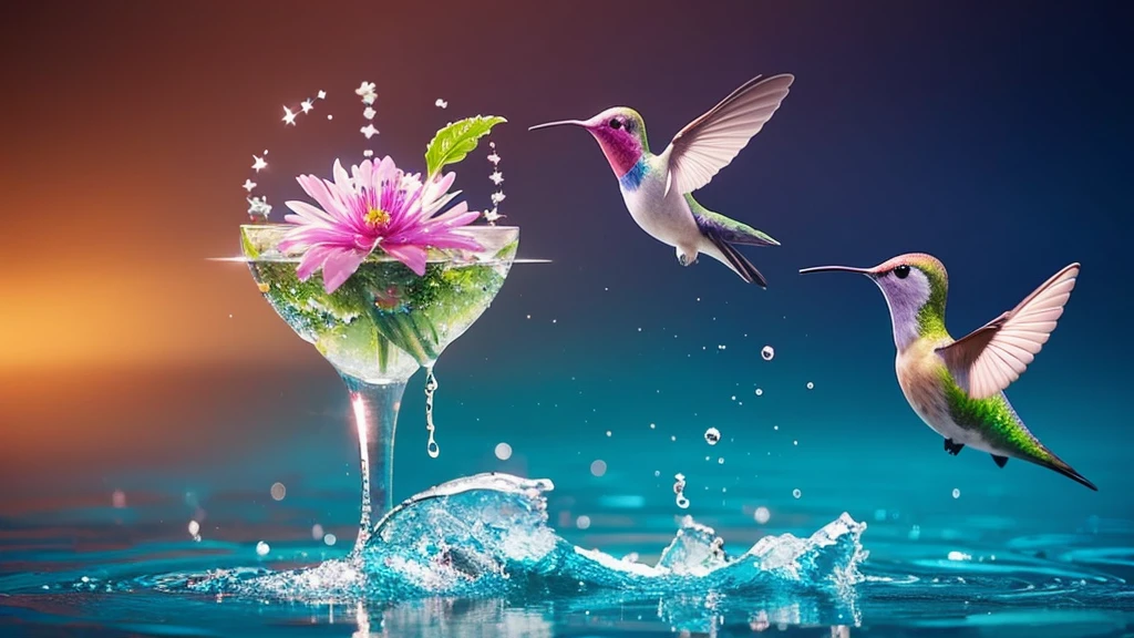 fractal masterpiece, digital art creating a figure of a hummingbird sipping from a flower made of water with splashes and sparkles twirling, octane render, hdr