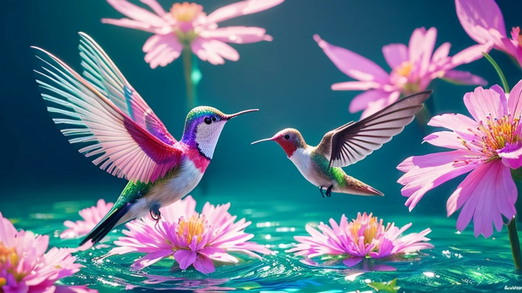 fractal masterpiece, digital art creating a figure of a hummingbird sipping from a flower made of water with splashes and sparkles twirling, octane render, hdr