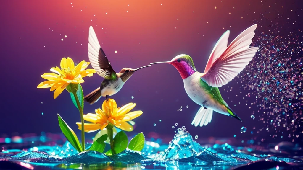 fractal masterpiece, digital art creating a figure of a hummingbird sipping from a flower made of water with splashes and sparkles twirling, octane render, hdr