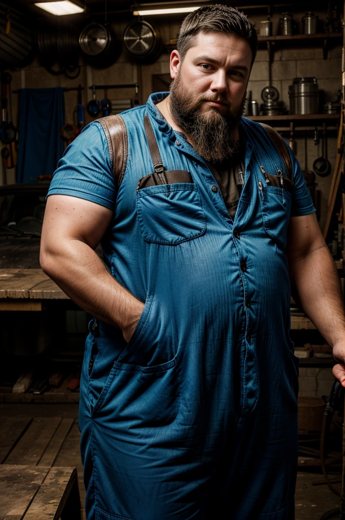 mechanic man, chubby, with a short beard in a workshop, next to a car, using a tablet, very realistic, very detail, blue overall.