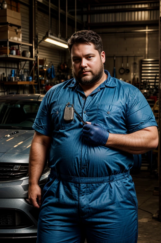 mechanic man, chubby, with a short beard in a workshop, next to a car, using a tablet, very realistic, very detail, blue overall.