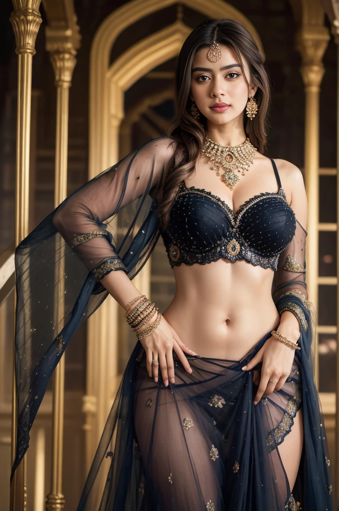 Hiba Nawab in 25 years old, perfect age, ultra realistic face, (((Stunningly Beautiful persian Princesss ))), elegant blue black updo hair, sweet smile, Beautiful bride posing under a fairy tale arch of exotic magical flowers, looking back,elaborate scene style, crystal glass lattice, glitter, transparent embroidered lace, large FF cupped sexy breasts, realistic style, 8k,exposure blend, medium shot, bokeh, (hdr:1.4), (cinematic), ( dark tones:1.3), (hyperdetailed:1.2),Realism,1 girl,girl wearing indian saree(dressed in transparent saree)(wearing glitter graphics jewelry), medium , Sexy medium Breast, nipple, bright light, long_hair, Bokeh ,nsfw , indian , tree branch, colourfull ,undersized bra, princess dress, lehenga choli