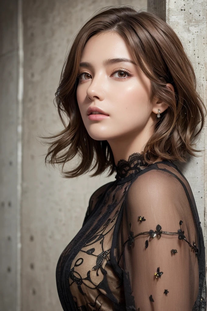 (masterpiece:1.3), (8k, Realistic, RAW Photos, highest quality: 1.4), (One Girl), Beautiful Face, (Realistic Face), (Brown Hair, Short hair with loose waves:1.3), Beautiful Hairstyles, Realistic eyes, Beautiful details, (Realistic Skin,Landscape,Look away,Looking Up,Brush your hair up), Beautiful Skin, (Nice dress,Big size,Black Dress,Long sleeve), Absurd, charm, Ultra-high resolution, Ultra-realistic, Very detailed, Golden Ratio,Concrete wall,