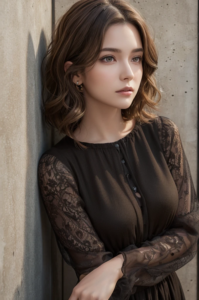 (masterpiece:1.3), (8k, Realistic, RAW Photos, highest quality: 1.4), (One Girl), Beautiful Face, (Realistic Face), (Brown Hair, Short hair with loose waves:1.3), Beautiful Hairstyles, Realistic eyes, Beautiful details, (Realistic Skin,Landscape,Look away,Looking Up,Brush your hair up), Beautiful Skin, (Nice dress,Big size,Black Dress,Long sleeve), Absurd, charm, Ultra-high resolution, Ultra-realistic, Very detailed, Golden Ratio,Concrete wall,