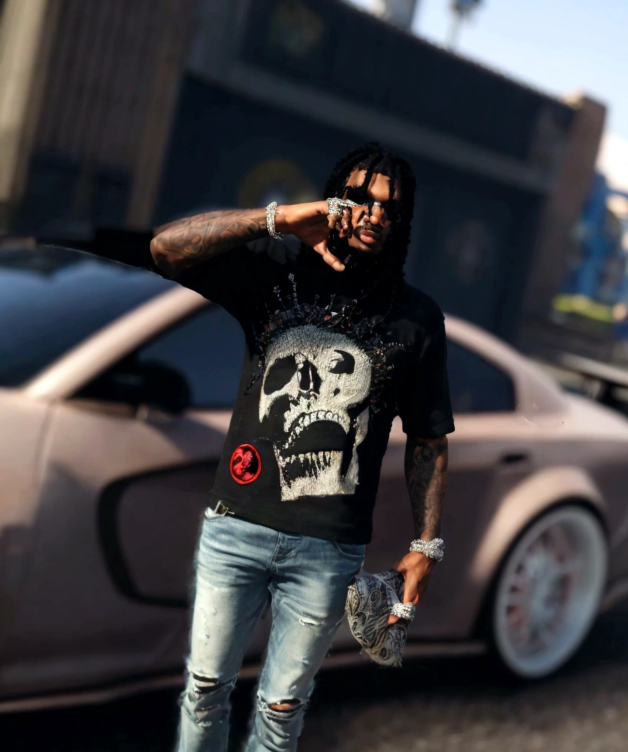 a highly detailed and realistic photograph of a cartoon character, photorealistic, 8k resolution, extremely detailed facial features, beautiful eyes, realistic skin texture, detailed clothing, intricate background, dramatic lighting, cinematic composition tanned skin african american male standing in front of sports car