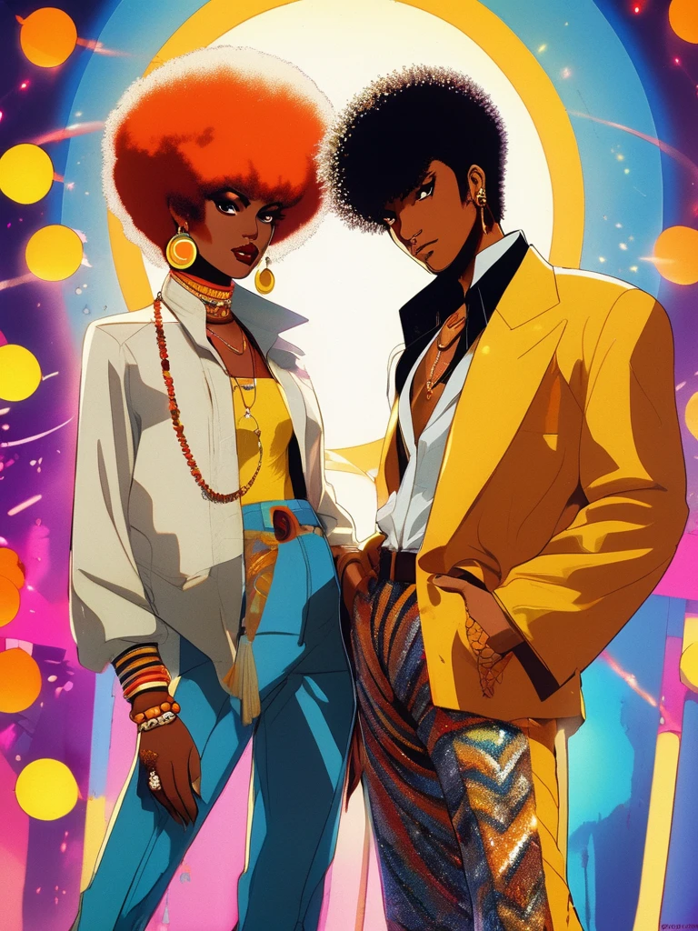 Dark-skinned Gaara + Jim grey very sexy, with afro hair, adorned in perfect 1970s makeup, sparkling shorts paired with a white blouse, vibrant yellow and orange tones dominating the ensemble, colossal earring dangling, set against a dance club backdrop alive with disco balls and vintage energy, analog photography style, rich grain texture, warm color saturation, bokeh lights punctuating the background, late 70s fashion essence