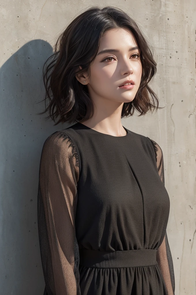 (masterpiece:1.3), (8k, Realistic, RAW Photos, highest quality: 1.4), (One Girl), Beautiful Face, (Realistic Face), (Black Hair, Short hair with loose waves:1.3), Beautiful Hairstyles, Realistic eyes, Beautiful details, (Realistic Skin,Landscape,Look away,Looking Up,Brush your hair up), Beautiful Skin, (Nice dress,Big size,Black Dress,Long sleeve), Absurd, charm, Ultra-high resolution, Ultra-realistic, Very detailed, Golden Ratio,Concrete wall,