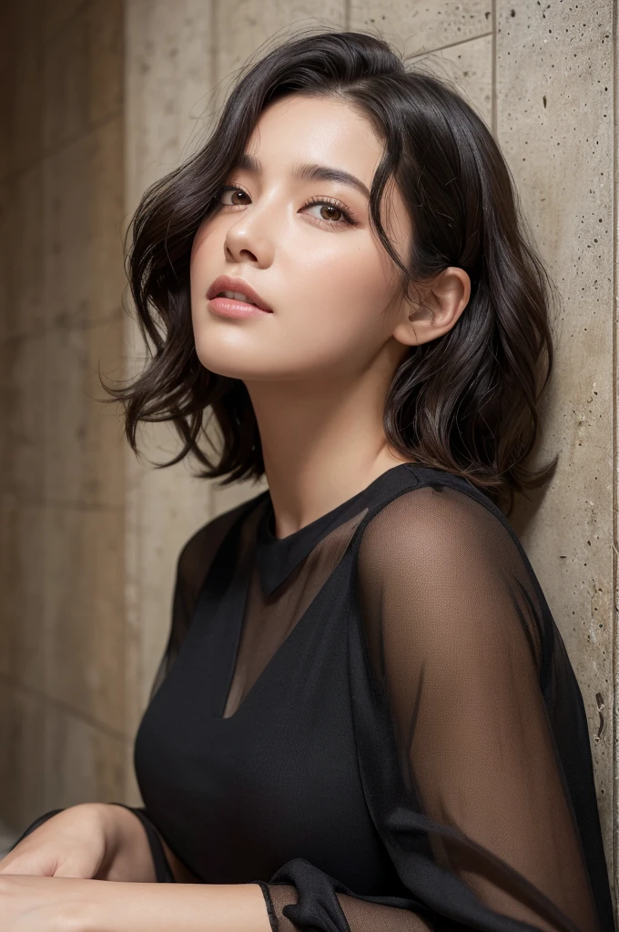 (masterpiece:1.3), (8k, Realistic, RAW Photos, highest quality: 1.4), (One Girl), Beautiful Face, (Realistic Face), (Black Hair, Short hair with loose waves:1.3), Beautiful Hairstyles, Realistic eyes, Beautiful details, (Realistic Skin,Landscape,Look away,Looking Up,Brush your hair up), Beautiful Skin, (Nice dress,Big size,Black Dress,Long sleeve), Absurd, charm, Ultra-high resolution, Ultra-realistic, Very detailed, Golden Ratio,Concrete wall,