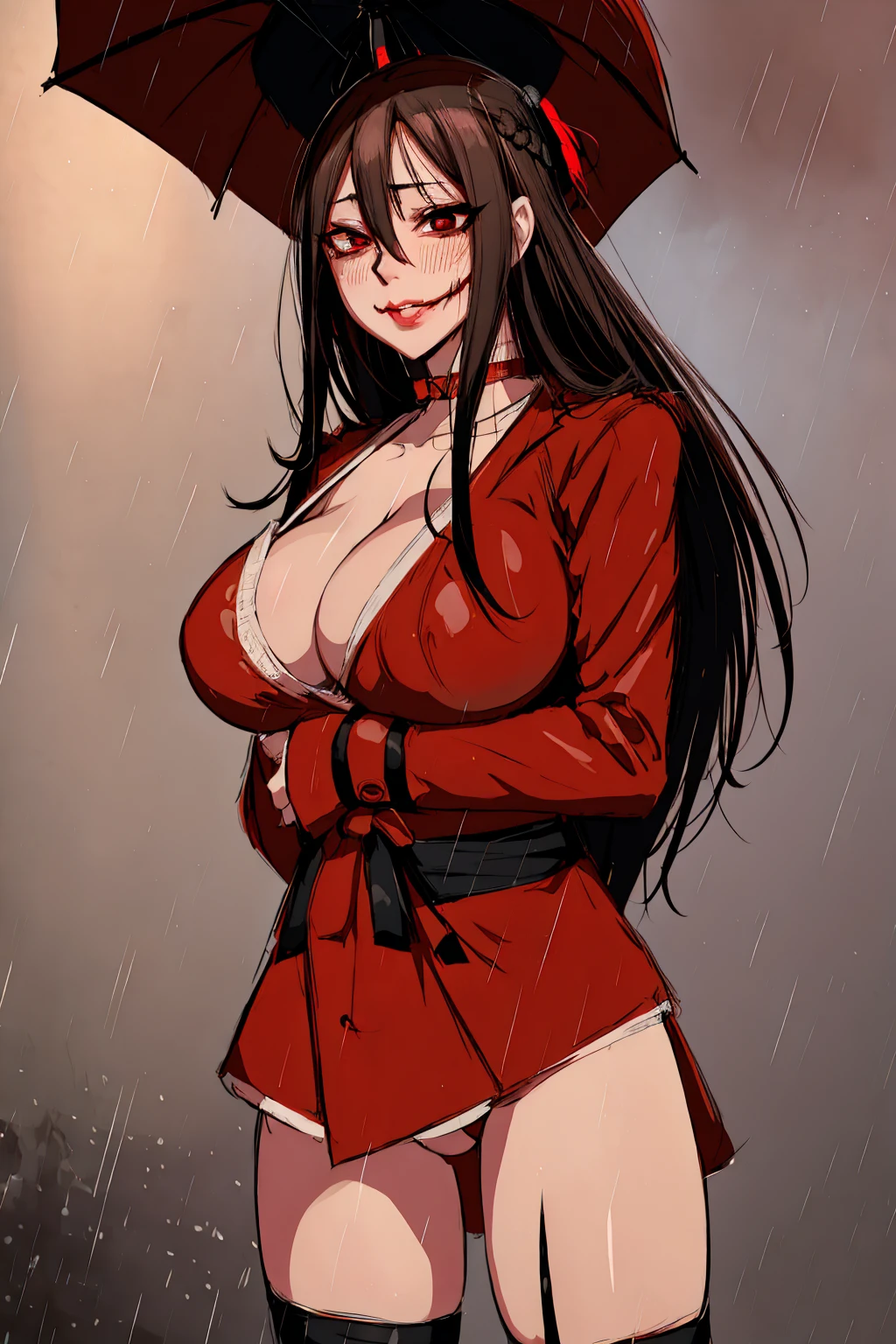 Kuchisake-onna Super Extra large breasts breast enlargement, red coat, long hair, red eyes, black garter stockings, black bikini, full-body shot, looking at the camera, standing alone in the rain, holding a large scissor in her right hand, lips split, stitches, smiling, blushing, shy