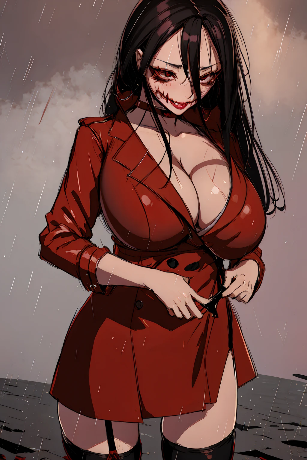 Kuchisake-onna Super Extra large breasts breast enlargement, red coat, long hair, red eyes, black garter stockings, black bikini, full-body shot, looking at the camera, standing alone in the rain, holding a large scissor in her right hand, lips split, stitches, smiling, blushing, shy