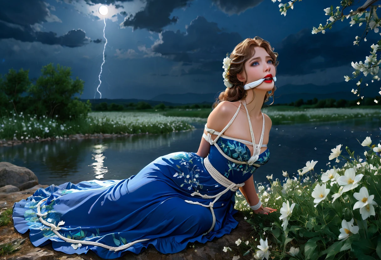 Studio Ghibli style, best quality, high resolution, 8k aesthetic, mesmerizing celestial moonlight, Α field of white flowers. A beautiful young woman in a blue dress damselpose, knees up, (gagged, cleave gag, knotted cleave gag:1.4), trees with white leaves rest in the background, bound with blue rope. Beuatiful eyes, make up, long eyelashes, red lips, french nose. the cloudy sky breaking to reveal the blue moon. rain is pouring across the landscape as heavy wind blows the white flowers that flood the ground. lightning strikes in the background directly hyper realistic. Epic scene like a dream. Leaves are fluttering around the women. The world is majestic with wildlife showing up to listen. Deer laying near by watching and listening to the female. As she lays on a river her dress made of beautifully detailed water. Bunnies rest by the river watching her. Beautiful masterpiece of art. beautiful contrast of the light along the water which has an incredible reflection. Laying on water. dress made of water on the female. high aspect ratio. beautiful composition. detailed textures. realistic. beautiful detailed moon.